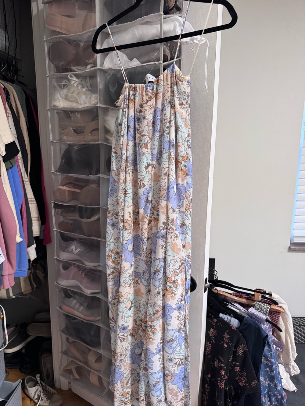 Floral Spaghetti-Strap Maxi Dress in Light Blue and Cream